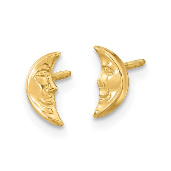 Kids Crescent Moon Face Screw Back Post Earrings in 14k Yellow Gold - Picture 2 of 5